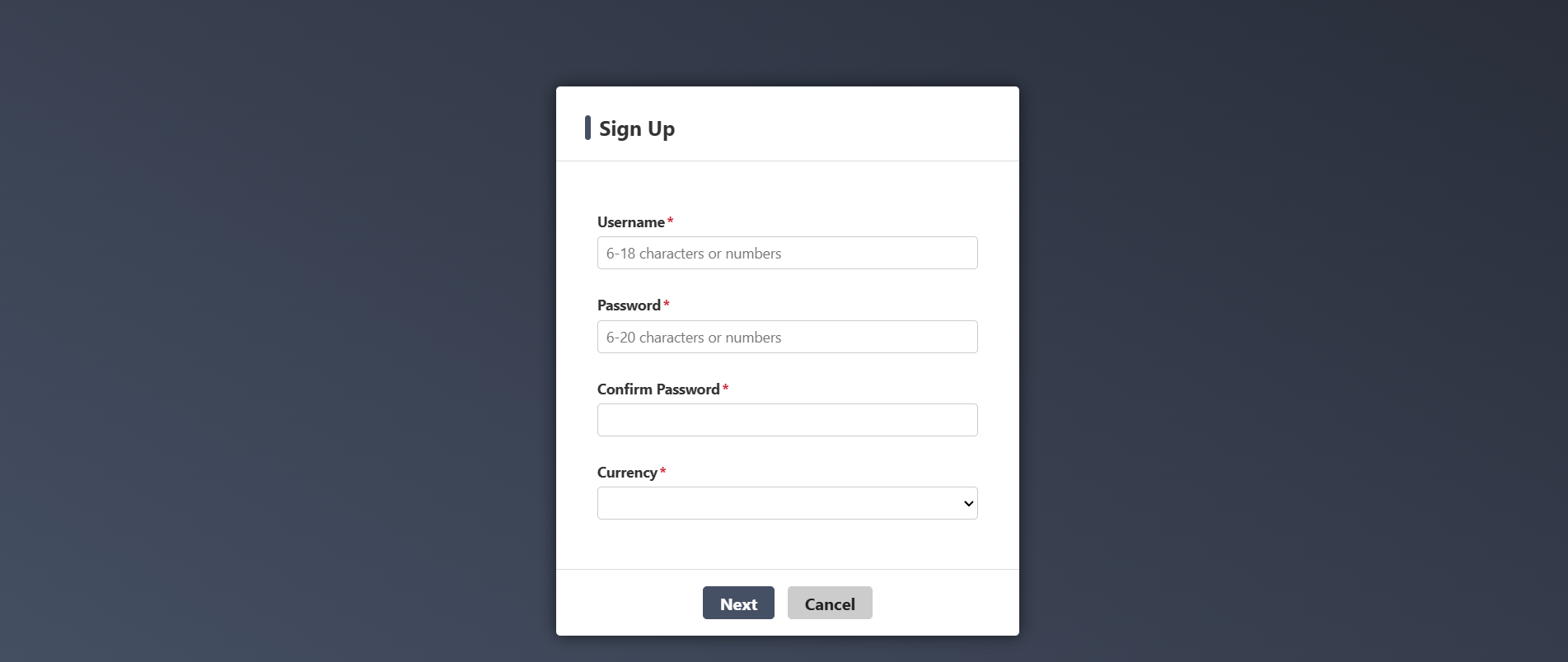 Bước 3: Ho&agrave;n th&agrave;nh th&ocirc;ng tin theo y&ecirc;u cầu gồm Username, Mật khẩu, Tiền Tệ v&agrave; Email